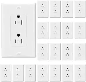 ThunderWay Decorator Wall Receptacle Outlet, Child-Safe Tamper-Resistant, Residential and Commercial Use, Wallplate Included, 15A/125V, 2 Pole 3 Wire, UL Listed, White (20 Pack)