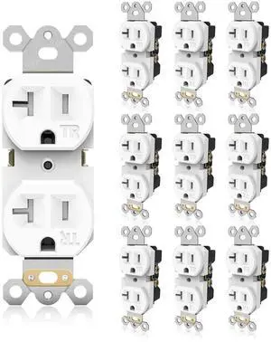 Duplex Wall Receptacle Outlets, 20A Tamper-Resistant Electrical Receptacle, 2 Pole 3 Wire, Self-Grounding, Residential Grade Wall Power Socket, White, UL Listed, 10 Pack