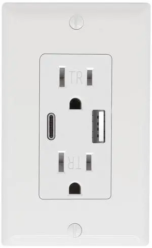 Wall Outlet 15 Amp, UL Listed, USB C & USB A Port, Charging Power Outlet with USB Ports, Tamper-Resistant Receptacle with Decor Wall Plates and Screws (White)
