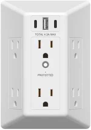 LIDER 6 Outlet Surge Protector Extender with 20W 4.2A 3 USB Type A/C Chargers, 1500 Joules, Multi Plug Wall Charger for Home Office, UL-Listed, White