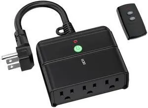 BN-LINK Outdoor Indoor Wireless Remote Control 3-Prong Outlet Weather Proof Heavy Duty 15 AMP Compact (Black) 3 Grounded Outlets with Remote 6-inch Cord 100ft Range ETL Listed