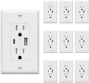 TOPGREENER USB Outlet, Type C Wall Outlet, 15 Amp TR Receptacle Plug, Charging Power Outlet with USB Ports, Electrical USB Socket, Wall Plate Included, TU21536AC-W-10PCS, White, 10 Pack