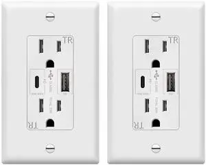 TOPGREENER USB Outlet, USB Type C Wall Outlet with 36W Power Delivery, 15A Duplex Tamper-Resistant Receptacle, USB C Outlet for Smartphones, Tablets, Laptops, TU215PD30AC-W-2PCS, White, 2 Pack
