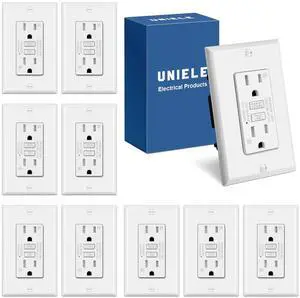 (10 Pack) UNIELE 15 Amp WR GFCI Outlet, Outdoor Weather-Resistant GFI Receptacle, Ground Fault Circuit Interrupter, Wallplate Included, White