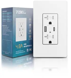 USB Receptacle Outlet, 4.8A High Speed USB C/A Wall Charger Ports Outlets, 20 Amp Tamper-Resistant Receptacle Wall Socket, Screwless Wall Plate Included, ETL Listed, White