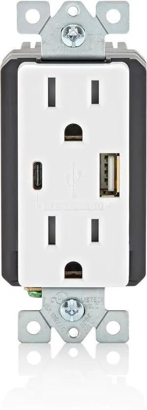 Leviton 18W USB Type-A/C in-Wall Charger with 15A Tamper-Resistant Outlet, USB Charger for Smartphones, Not for Laptops, T5638-W, White