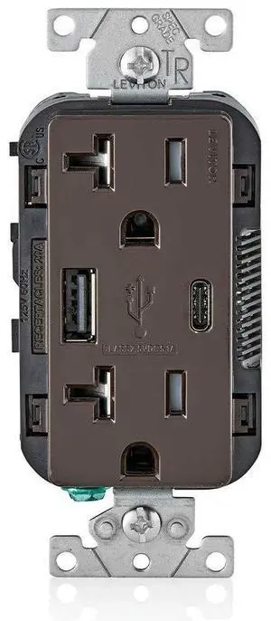 Leviton Type A & Type-C USB In-Wall Charger with 20A Tamper-Resistant Outlet, USB Charger for Smartphones and Tablets. Not for Laptops, T5833-B, Brown