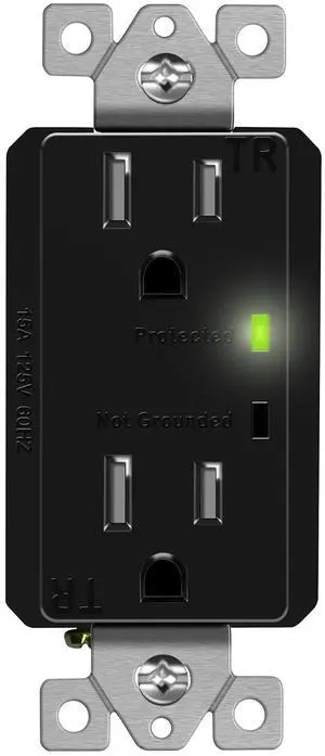 TOPGREENER Surge Protector Receptacle with Grounding Indicator, Child Safe, Tamper-Resistant, Self-Grounding, 1500 Joules, 2-Pole, 15A 125V, UL Listed, TGTRSS215R-BK, Black