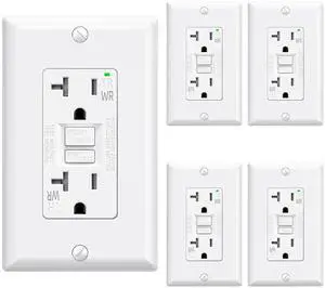 ELEGRP Outdoor GFCI Outlet 20 Amp, Self-Test GFI Electrical Outlet with Narrow Design, Tamper Resistant GFCI Receptacle with LED Indicator, UL Listed, White, Wall Plate Included, 5 Pack