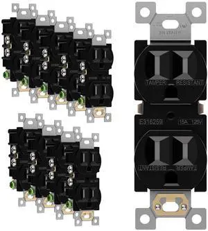 ENERLITES Tamper-Resistant Child Safe Duplex Receptacle Outlet, Residential Grade, 3-Wire, Self-Grounding, 2-Pole, 15A 125V, UL Listed, 61580-TR-BK, Black (10 Pack)
