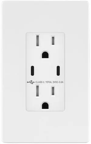 TOPGREENER 5.0A USB Outlet with 15Amp Duplex Tamper-Resistant Receptacles, 2 Type-C, USB Outlets Receptacles, TU2155C2-WSID, White, Screwless Wall Plate Included