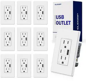 ELEGRP USB Charger Wall Outlet, 15 Amp Duplex Tamper Resistant Receptacle Plug with Type A & Type C USB Ports NEMA 5-15R, Wall Plate Included, UL Listed (10 Pack, Matte White)