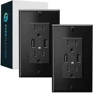 2-Pack 4.8A Black Wall Outlet With USB Ports - 15Amp Duplex Tamper Resistant Charger, UL Listed, Electrical Receptacle With Dual USB