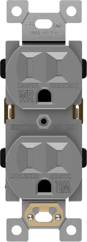 ENERLITES Duplex Receptacle, Tamper-Weather-Resistant, Residential Grade Outlets, 15A 125V, Self-Grounding, 2-Pole, 3-Wire, 5-15R, UL Listed, 61580-TWR-GY, Gray