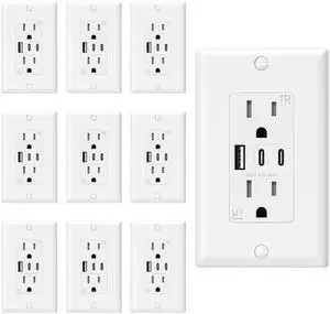 ELEGRP USB Outlets, 15 Amp Wall Outlet with 3 USB Ports, Dual USB C Ports Outlets, TR Tamper-Resistant USB Outlets Receptacles, Wall Plate Included, UL/CUL Listed, 10 Pack, White