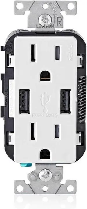 Leviton Type-A USB in-Wall Charger with 15A Tamper-Resistant Outlet, USB Charger for Smartphones, T5632-W, White