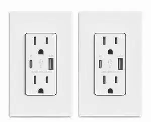 ELEGRP USB Charger Wall Outlet, Type A & C USB Ports, 15 Amp Duplex Tamper Resistant Receptacle Plug NEMA 5-15R, Wall Plate Included, UL Listed (2 Pack, Matte White)