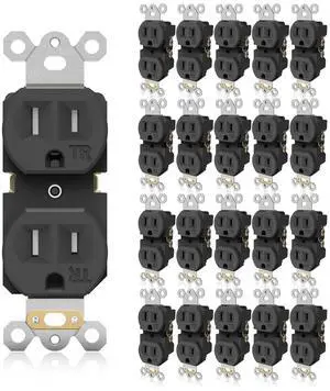 20 Pack Black Wall Outlets, 15Amp 125V, Residential Grade Duplex Receptacle, Tamper-Resistant(TR) Electrical Socket, 3-Wire, Self-Grounding, Push & Side Wire, UL Listed