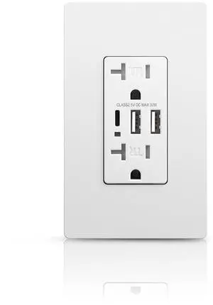 USB C Wall Outlet, 20Amp 6.0A Duplex Tamper-Resistant Receptacle Charge with Type A & C Ports, Screwless Wall Plate Included, Need Neutral Wire, UL Listed, White