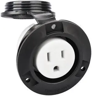 Veepeak 15 Amp Flanged Shore Power Outlet 125 Volt NEMA 5-15R Receptacle, 2 Pole 3 Wire Socket for Straight Blade Household Plug with Weatherproof Cap & Cover, Black Commercial Grade, ETL Listed