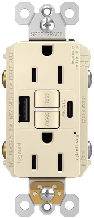 Legrand Radiant 1597TRUSBACLA 15 Amp GFCI Self Test Tamper Resistant Decorator Duplex Outlet with USB Type A and C, Light Almond (1 Count)