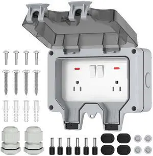 Joinfworld Outdoor Outlet Box, Waterproof Electrical Outlet Box 15A 250V Lockable Outlet Plug Socket Box with LED Indicator (Double Plug Socket)