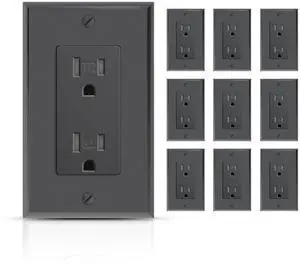 Black Decorator Wall Receptacle Outlet, 15A Duplex Standard Tamper-Resistant Electrical Outlet, Self-Grounding, 2-Pole, 3-Wire, Wall Plate Included, UL Listed, 10 Pack