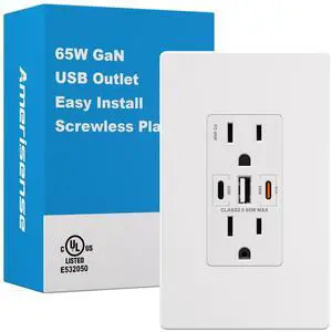 [Upgraded] Amerisense GaN 65W 6Amp 3-Port USB Wall Outlet, 15 Amp Tamper-Resistant Receptacle with 2 USB Type C & 1 Type A Port, USB Charger USB-C with Wall Plated for Phone/Tablet/Laptop,UL Listed