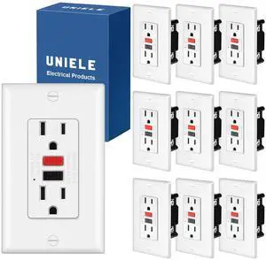 (10 Pack) UNIELE Non-Tamper Resistant GFCI Receptacle Outlet, 15 Amp Ground Fault Circuit Interrupter, GFI Outlets with LED Indicator, Wallplate Included, ETL Listed