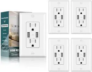 BESTTEN 5 Pack USB Wall Outlet, 4.8A USB Receptacle with Dual Type A Port, 15 Amp Tamper Resistant Outlet, Ultra Slim Design, Self-Grounding, UL Listed, White
