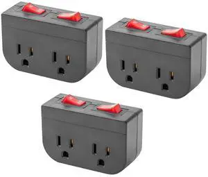 Grounded Outlet with On Off Switch, Double Port Electrical Outlet Plug Switch, for Cruise Ship, Hard-to-Reach Lamps, Kitchen Appliances, Energy Efficient, 1875W/15A, ETL Listed, Black, 3 Pack