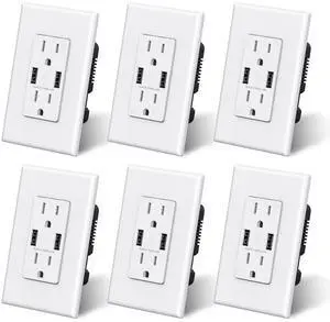 ELEGRP USB Outlet, 15 Amp Wall Outlet with Dual USB A Ports, 4.0A USB Outlets Receptacles, TR Tamper-Resistant USB Wall Outlets, Wall Plate Included, UL Listed (6 Pack, Glossy White)