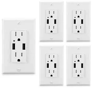 (5 Pack) LEOD 4.2A 5V Smart High Speed 2 USB Port Charger Outlet & 2 Types Wall Plates(Standard and screwless Included), 15A Tamper-Resistant Receptacle, USB Charger Wall Outlet, White, UL Listed