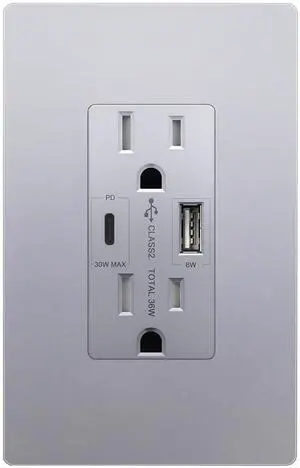 LIDER USB-C 36W Power Delivery Wall Outlet, Duplex Tamper-Resistant Receptacle with USB Type-C/USB Type-A Charging Ports, Interchangeable Face Cover, Modern, UL Listed, Wall Plate Included, Silver