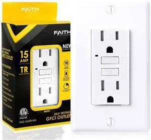 Faith 15 Amp GFCI Outlet, ETL Listed, Tamper-Resistant GFI Electrical Outlet, Self-Test Ground Fault Circuit Interrupter with Wall Plate, White
