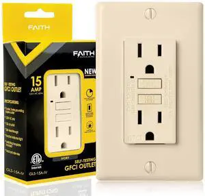 Faith 15A GFCI Outlet, ETL Listed, Non-Tamper-Resistant GFI Duplex Receptacles with LED Indicator, Self-Test Ground Fault Circuit Interrupter with Wall Plate, Ivory