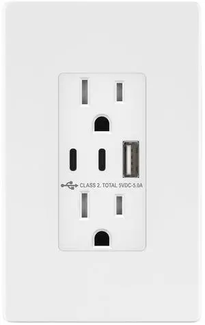 TOPGREENER 5.0A USB Outlet with 15Amp Duplex Tamper-Resistant Receptacles, USB Type-A, 2 USB Type-C, USB Outlets Receptacles, TU2155AC2-WSID, White, Screwless Wall Plate Included