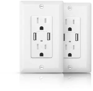 USB Wall Outlet, 15 Amp Duplex Tamper Resistant Receptacle With Dual 4.8A Ports, Electrical Socket, Wall Plate Included, UL Listed (2 Pack, Glossy White)
