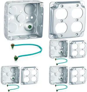 4 Packs 4 Square Metal Receptacle Electrical Box with Exposed Work Cover Grounding Wire and Screw Galvanized Steel Metal Junction Box Eleven 1/2'' and Six 3/4'' Knockouts(2 Duplex)