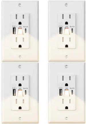 Wall Outlet with Night Lights and USB, 15A Electrical Outlet with USB A+C Ports, Tamper-Resistant Outlet with LED Nightlight,Standard Electrical Outlet with Type A+C in-Wall Charger,White (4 Pack)