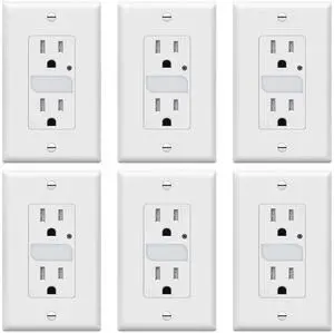TOPGREENER LED Guide Light Receptacle with Automatic Daylight Sensor, Night Light Decorator Wall Outlet, Wall Plates Included, 15A Tamper-Resistant Receptacle, Warm White LED, TGL215TR-W-6PCS, White