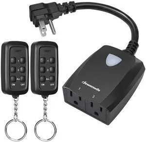 DEWENWILS Outdoor Wireless Remote Outlet, 2-in-1 Individual Control Sockets, 2 Independent Control Sockets Weatherproof Remote Control Switch, 15A Heavy Duty with 2 Remote for Lights, FCC Listed