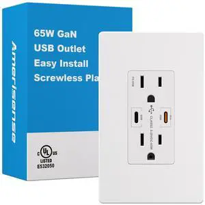 GaN 65W 6Amp 2-Port USB Wall Outlet, 15 Amp Tamper-Resistant Receptacle with 2 USB Type C Port, USB Charger with Wall Plated Included for USB-C Phone/Tablet/Laptop, UL Listed