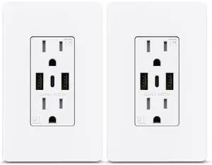 ThunderWay USB C Wall Outlet Receptacles, 30W 6.0A Tamper-Resistant Electrical Outlet with USB Ports, 15 Amp Wall Plug Outlets Included Wall Plate, ETL Listed, White, 2 Pack