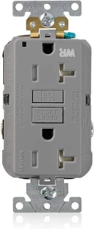 Leviton 20A-125V Extra-Heavy Duty Industrial Grade Weather/Tamper-Resistant Duplex Self-Test GFCI Receptacle, G5362-WTG, Gray, 20-Amp