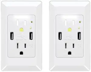 NineLeaf 4.2A LED Night Light Outlet Wall Adapter with 2 AC Outlets and 2 USB Ports Light Sensor Portable for Home White Fast Charging 2 Packs