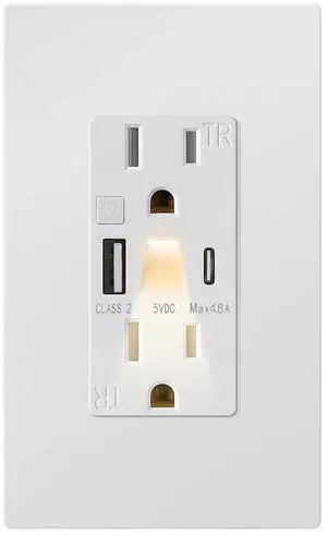 New Generation USB Outlet with LED Night Light (Manual), 5V 4.8A Tamper-Resistant USB Wall Outlets Receptacles with Type A & Type C Ports, Wallplate Included, ETL Listed, White (1 Pack)