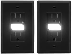 LIDER LED Guide Light Receptacle with Automatic Daylight Sensor and Wall Plate, Night Light Decorator Wall Outlet, 125VAC/15A Tamper-Resistant Receptacle, LGL-15TR-BKWP2P, Black, 2-Pack