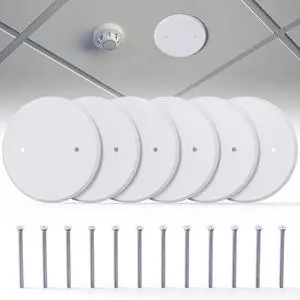 6-Pack Ceiling Cover Plate, 5 inch Round Outlet Covers Plate For 3-1/2 inch Electrical Box, Metal Blank Cleanout Cover Plate for Smoke Detector, Wall Light Hole, Hole Spacing 2.8 inch-White