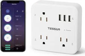 Smart Plug Outlet Extender Compatible with Alexa Google Home, TESSAN WiFi Plug with 3 Smart Outlets 3 USB Ports, Wall Surge Protector Power Strip 900J, Voice and Smartlife Control, Only 2.4 GHz Wi-Fi